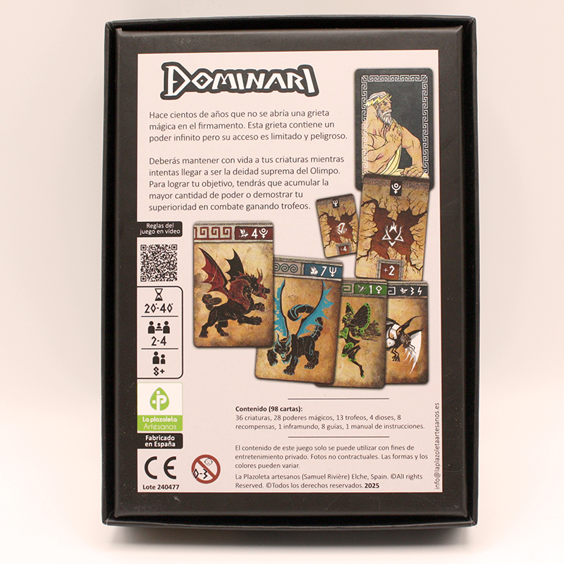 Parte trasera de la caja del juego Dominari | Productos artesanales | hechos a mano | La Plazoleta | Venta online