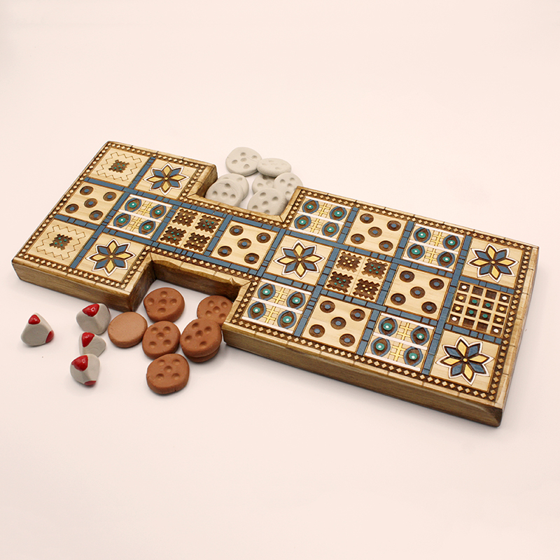 Juego-real-UR-Nanar-L230A-azul-oro-01 juego Ur nanar de madera tallada | juego de damas en madera | juegos de mesa artesanales | juego de damas en madera | juego piezas de madera | artesanía online